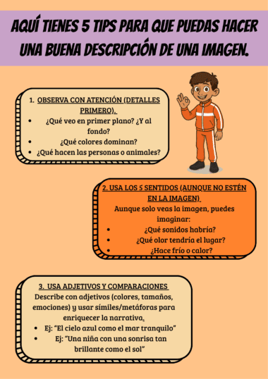 Infografía con el título "Aquí tienes 5 tips para que puedas hacer una buena descripción de una imagen", acompañada de dibujo de un niño saludando y cinco consejos en recuadros naranjas y beige sobre cómo describir imágenes.