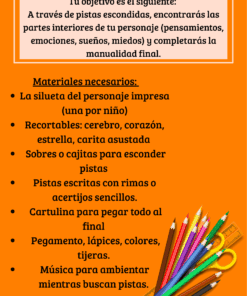 Cartel instructivo en español con una lista de materiales para una actividad de exploración de personajes. En la parte inferior derecha hay lápices de colores, tijeras y pegamento. El fondo es naranja y el texto está en negro y amarillo.