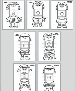 Seis personajes de dibujos animados vestidos con trajes medievales, con cabezas rectangulares y rostros expresivos, están representados como divertidas marionetas. Están etiquetados como Enfermera, Teobaldo, Fray Lorenzo, Lord Capuleto, Lady Capuleto, Lady Montague y Lord Montague de Shakespeare Romeo y Julieta Marionetas Big Mouth.
