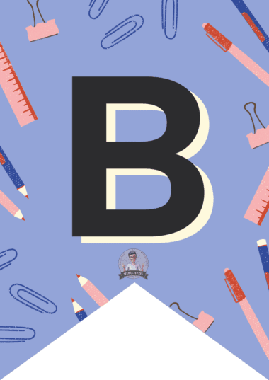 Una pancarta con una gran letra "B" negra en el centro, rodeada de ilustraciones de lápices, reglas, clips, gomas de borrar y clips de carpeta sobre fondo azul.