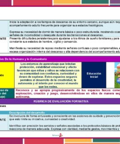 Una colorida tabla didáctica detalla los niveles de adaptación a los tiempos de descanso de los niños de 0 a 18 meses, incluidos los criterios de desarrollo básico, insuficiente y sobresaliente, con una rúbrica e ilustraciones.