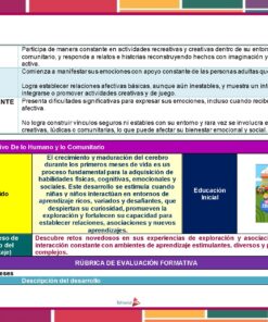 Gráfico educativo a color en español que describe los criterios de evaluación para el desarrollo de la primera infancia, incluidos los niveles básico e insuficiente, una sección sobre el contenido del desarrollo cerebral y una rúbrica para la evaluación formativa para las edades de 0 a 18 meses.