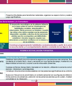 Colorido gráfico educativo en español sobre el desarrollo de la primera infancia, con secciones sobre contenidos de aprendizaje, rúbricas de evaluación y desarrollo socioemocional. Incluye imágenes de niños jugando y de un profesor, además de cuadros de texto e iconos.