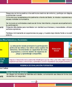 Cuadro de evaluación de la evaluación formativa para la educación infantil, que muestra los niveles de rendimiento básico e insuficiente, contenidos sobre el aprendizaje ético y natural, y una rúbrica para niños de 18 meses a 3 años.