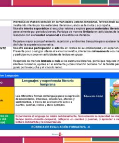 Una infografía en español explica los criterios de la educación literaria temprana. Utiliza secciones rojas, naranjas y azules para definir las normas básicas e insuficientes, el contenido educativo, la rúbrica de evaluación y el proceso de aprendizaje. Las ilustraciones incluyen niños, libros y una escuela.