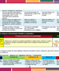 Una rúbrica en español para evaluar medidas de tendencia central y dispersión, que muestra cuatro niveles de rendimiento (Excelente, Satisfactorio, Básico, Insuficiente) y criterios de evaluación, con filas codificadas por colores y descripciones detalladas.