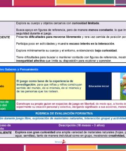 PAQUETE COMPLETO DE RÚBRICAS — EDUCACIÓN INICIAL | FASE 1 23 Colorida tabla educativa en español que evalúa la interacción del niño con su entorno, detallando el rendimiento insuficiente y sobresaliente. Incluye rúbrica, áreas de mejora e iconos de libros, niños y formas geométricas.