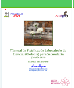 Portada de un manual de laboratorio científico en español titulado "Manual de Prácticas de Laboratorio de Ciencias (Biología) para Secundaria". Incluye logotipos, un borde verde, una imagen de plantas en macetas a través de una ventana lluviosa e información de contacto de "Para Llegar Labs".