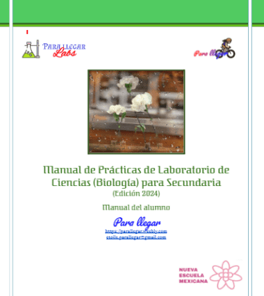 Portada de un manual de laboratorio científico en español titulado "Manual de Prácticas de Laboratorio de Ciencias (Biología) para Secundaria". Incluye logotipos, un borde verde, una imagen de plantas en macetas a través de una ventana lluviosa e información de contacto de "Para Llegar Labs".