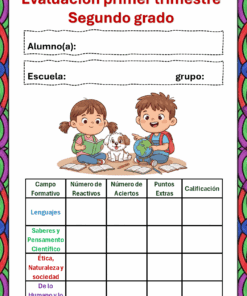 Colorido formulario de evaluación para segundo grado con secciones para los nombres del alumno y de la escuela. Con dos niños y un perro sentados en el suelo con libros, un globo terráqueo y un bloc de notas. Incluye una tabla para el seguimiento del rendimiento académico.