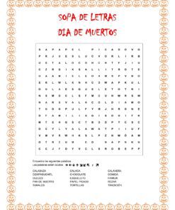 Una sopa de letras española del "Día de Muertos" con palabras temáticas para encontrar, enmarcada por un borde de pequeñas calaveras naranjas. El título aparece en rojo y debajo de la cuadrícula de letras se muestra una lista de palabras.