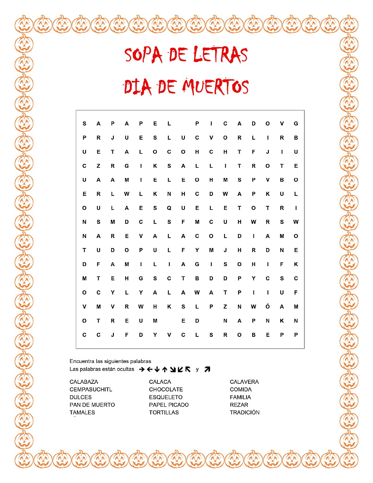 SOPA DE LETRAS DIA DE MUERTOS 1 Una sopa de letras española del "Día de Muertos" con palabras temáticas para encontrar, enmarcada por un borde de pequeñas calaveras naranjas. El título aparece en rojo y debajo de la cuadrícula de letras se muestra una lista de palabras.
