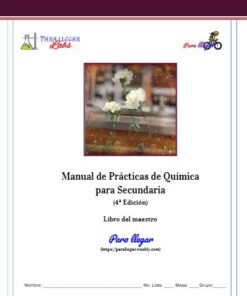 Portada de un manual de laboratorio de química titulado "Manual de Prácticas de Química para Secundaria". Tiene una foto de flores blancas detrás de una ventana mojada, con logotipos y espacio para información de los alumnos en la parte inferior.