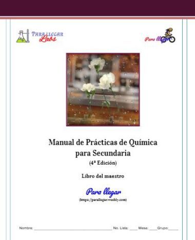 Portada de un manual de laboratorio de química titulado "Manual de Prácticas de Química para Secundaria". Tiene una foto de flores blancas detrás de una ventana mojada, con logotipos y espacio para información de los alumnos en la parte inferior.