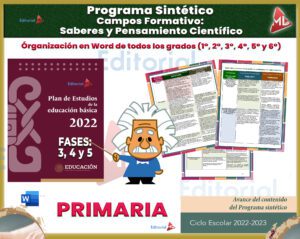 Imagen promocional para un programa educativo titulado "Programa Sintético de Estudios Campo SABERES Y PENSAMIENTO CIENTIFICO (Todos los Grados de Primaria)" enfocado en el currículo de educación primaria. Cuenta con una portada de libro, algunas páginas de muestra, un ícono de computadora y un personaje de dibujos animados en el centro, con varios textos en español que detallan las fases del programa y el contenido de Grados de Primaria.