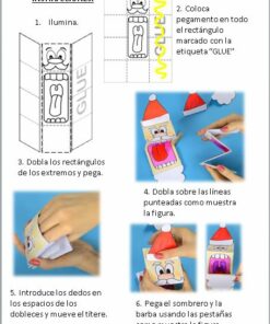 Una imagen instructiva en español paso a paso para hacer una Marioneta Santa Calus. Los pasos incluyen colorear la plantilla de Papá Noel, aplicar pegamento, doblar a lo largo de las líneas marcadas, ensamblar insertando los dedos y colocar piezas adicionales como un sombrero. Cada paso tiene una guía visual.