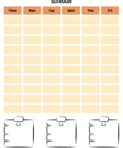 Una plantilla de horario semanal para el año académico 2023-2024 con cinco columnas etiquetadas de lunes a viernes y siete filas para franjas horarias. Debajo de la tabla, tres íconos de calendarios o agendas agregan funcionalidad. Este planificador imprimible para profesores | 2023-2024 presenta un diseño simple y minimalista.