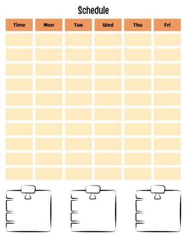 Una plantilla de horario semanal para el año académico 2023-2024 con cinco columnas etiquetadas de lunes a viernes y siete filas para franjas horarias. Debajo de la tabla, tres íconos de calendarios o agendas agregan funcionalidad. Este planificador imprimible para profesores | 2023-2024 presenta un diseño simple y minimalista.