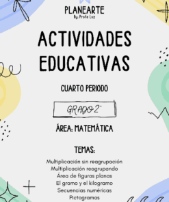 Una portada decorativa para actividades educativas con coloridos diseños abstractos. El título dice "Actividades educativas Grado Segundo" del Profe Luz para cuarto periodo, segundo grado, en matemáticas. Los temas incluyen multiplicación, formas geométricas y secuencias numéricas.