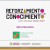 Pancarta promocional del “Refuerzo del Ciclo Escolar 2020-2021” para la educación secundaria en español, tercer semestre, por parte del Gobierno de México, con detalles en rosa y morado y logotipos oficiales. Esto incluye un Analizar el efecto de los anuncios publicitarios a través de encuestas.