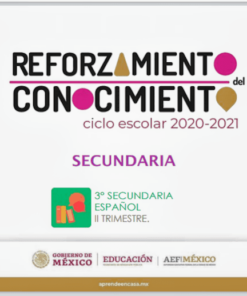 Pancarta promocional del “Refuerzo del Ciclo Escolar 2020-2021” para la educación secundaria en español, tercer semestre, por parte del Gobierno de México, con detalles en rosa y morado y logotipos oficiales. Esto incluye un Analizar el efecto de los anuncios publicitarios a través de encuestas.