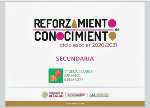 Pancarta promocional del “Refuerzo del Ciclo Escolar 2020-2021” para la educación secundaria en español, tercer semestre, por parte del Gobierno de México, con detalles en rosa y morado y logotipos oficiales. Esto incluye un Analizar el efecto de los anuncios publicitarios a través de encuestas.