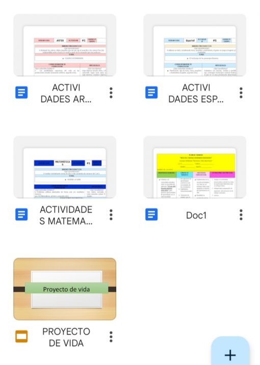 Captura de pantalla de una interfaz de Google Drive que muestra seis documentos. La fila superior contiene tres con títulos parcialmente visibles: "ACTIVI DADES AR", "ACTIVI DADES ESP" y "ACTIVIDADES MATEMA". La fila inferior tiene "Doc1" y "PROYECTO DE VIDA". Ideal para planificación Primaria o Plan De Reforzamiento Primaria.
