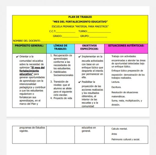 Un plan de trabajo educativo detallado en español titulado "MES DEL FORTALECIMIENTO EDUCATIVO" para una escuela primaria, enumerando el propósito general, líneas de trabajo, objetivos específicos y situaciones auténticas. Está organizado en una tabla codificada por colores con secciones adicionales para estudios y clases como parte del Plan De Reforzamiento Primaria.