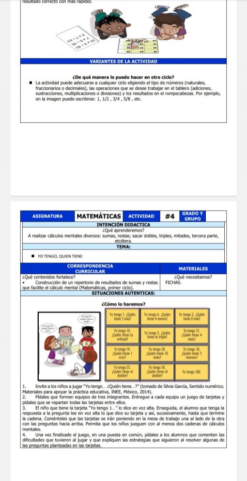 Un documento de dos páginas que explica una actividad matemática. La primera página tiene un encabezado colorido con un maestro y estudiantes discutiendo variantes de actividades bajo el Plan De Reforzamiento Primaria. La segunda página describe un ejercicio para calcular varias sumas, presenta imágenes de un maestro y estudiantes, y una tabla para organizar materiales y pasos en el Plan De Reforzamiento Primaria.
