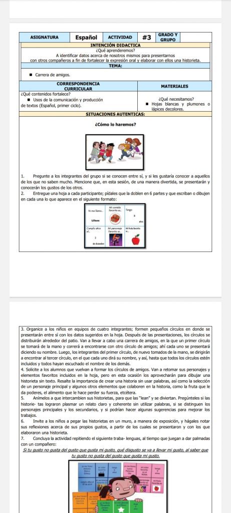 Captura de pantalla de un documento educativo en español que describe una actividad para 3er grado, centrada en la amistad, con objetivos, materiales y pasos. Incluye imágenes de niños interactuando entre sí y de un maestro dirigiendo la actividad como parte del **Plan De Reforzamiento Primaria**.