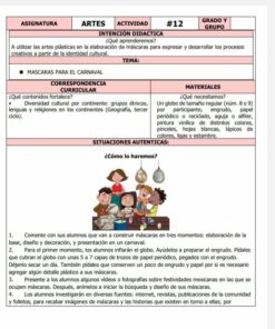 Un documento en español que detalla un plan de lección de arte para estudiantes de primaria centrado en la creación de máscaras de Carnaval. Incluye apartados sobre intención didáctica, correspondencia curricular, materiales requeridos y situaciones auténticas. Una ilustración muestra a niños elaborando máscaras como parte de un Plan De Reforzamiento Primaria.