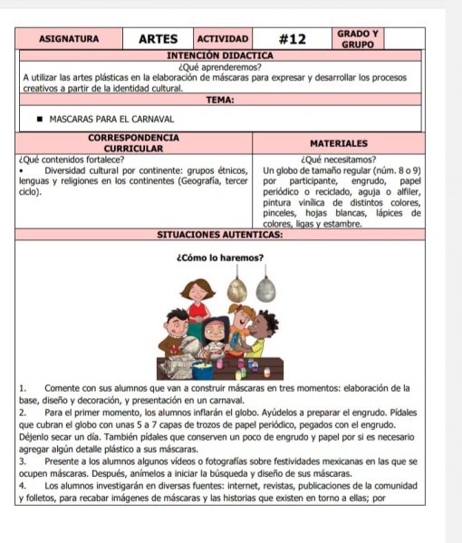 Un documento en español que detalla un plan de lección de arte para estudiantes de primaria centrado en la creación de máscaras de Carnaval. Incluye apartados sobre intención didáctica, correspondencia curricular, materiales requeridos y situaciones auténticas. Una ilustración muestra a niños elaborando máscaras como parte de un Plan De Reforzamiento Primaria.