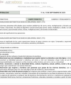Un documento describe un plan de estudios de matemáticas, centrándose en habilidades matemáticas básicas como la aritmética con números naturales y decimales. Menciona la resolución de problemas, objetivos de aprendizaje y criterios de evaluación. El encabezado incluye logotipos de AEFMéxico y SEP, hace referencia al Programa Analítico Matemáticas (Segundo Grado de Secundaria) y menciona el ciclo académico 2023-2024.