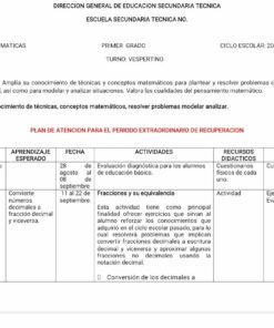 Una tabla que enumera las actividades para la clase de matemáticas en secundaria, incluido el diagnóstico del examen del 28 de agosto, la conversión de números a fracciones decimales el 11 de septiembre y el diagnóstico educativo. Describe objetivos de aprendizaje, fechas, actividades y criterios de evaluación dentro del PLAN DE RECUPERACIÓN DE SECUNDARIA MATEMÁTICAS 1.