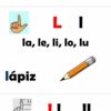 Una hoja de trabajo de aprendizaje del idioma español con Abecedario contextualizado. Incluye práctica fonética para "ka, ke, ki, ko, ku" con la imagen de un huevo de Kinder Joy y "la, le, li, lo, lu" con una ilustración a lápiz para "lápiz". También presenta "lla, lle, lli, llo, llu" con una ilustración clave.