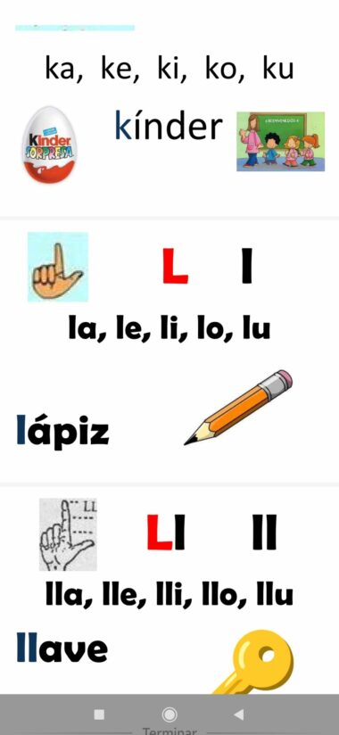 Una hoja de trabajo de aprendizaje del idioma español con Abecedario contextualizado. Incluye práctica fonética para "ka, ke, ki, ko, ku" con la imagen de un huevo de Kinder Joy y "la, le, li, lo, lu" con una ilustración a lápiz para "lápiz". También presenta "lla, lle, lli, llo, llu" con una ilustración clave.