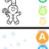 Página para colorear que presenta una pila de hombres de jengibre, copos de nieve y un muñeco de nieve sosteniendo un bastón de caramelo. La página tiene una clave de color con números y letras correspondientes a los colores rojo (1), verde (5, 4), amarillo (2), marrón (A), gris (B) y negro (C). ¡Perfecto para crear fichas navideñas festivas!