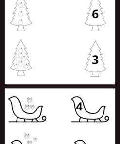 Una hoja de trabajo de rompecabezas presenta árboles de Navidad decorados con adornos y los números 6 y 3. A continuación, muestra trineos con regalos, etiquetados con 4 y 5. La Relaciona las columnas probablemente implique agregar o contar decoraciones y regalos o tal vez relacionar los números en diferentes columnas.