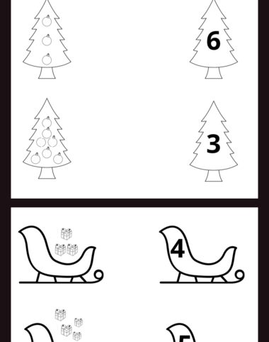 Una hoja de trabajo de rompecabezas presenta árboles de Navidad decorados con adornos y los números 6 y 3. A continuación, muestra trineos con regalos, etiquetados con 4 y 5. La Relaciona las columnas probablemente implique agregar o contar decoraciones y regalos o tal vez relacionar los números en diferentes columnas.