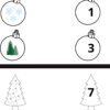 Una imagen que muestra cuatro adornos navideños y dos árboles de Navidad: el adorno superior izquierdo tiene copos de nieve, el superior derecho muestra el número 1, el inferior izquierdo muestra dos pinos y el inferior derecho muestra el número 3. Abajo, el árbol izquierdo tiene seis adornos mientras que el árbol de la derecha tiene el número 7. **Relaciona las columnas**.