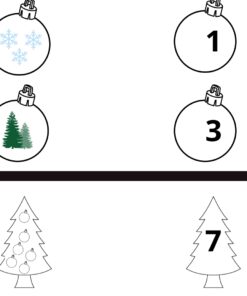 Una imagen que muestra cuatro adornos navideños y dos árboles de Navidad: el adorno superior izquierdo tiene copos de nieve, el superior derecho muestra el número 1, el inferior izquierdo muestra dos pinos y el inferior derecho muestra el número 3. Abajo, el árbol izquierdo tiene seis adornos mientras que el árbol de la derecha tiene el número 7. **Relaciona las columnas**.