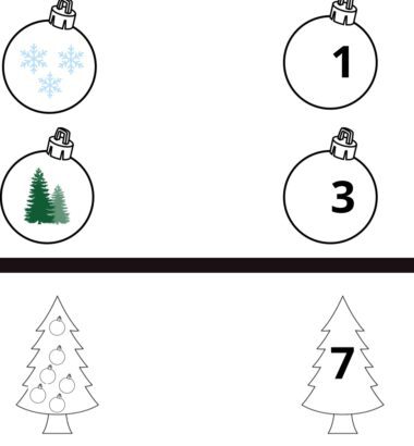Una imagen que muestra cuatro adornos navideños y dos árboles de Navidad: el adorno superior izquierdo tiene copos de nieve, el superior derecho muestra el número 1, el inferior izquierdo muestra dos pinos y el inferior derecho muestra el número 3. Abajo, el árbol izquierdo tiene seis adornos mientras que el árbol de la derecha tiene el número 7. **Relaciona las columnas**.