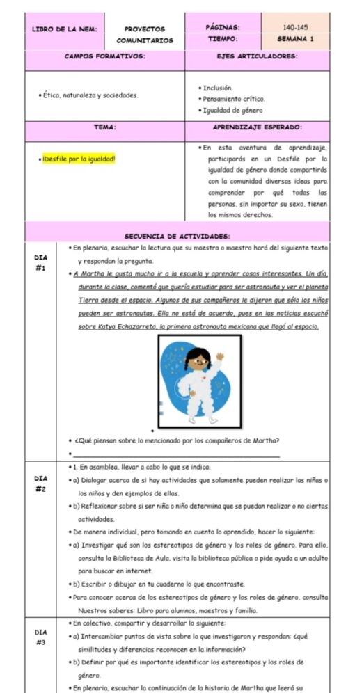 Una imagen de un plan de lección en español titulado "Desfile por la igualdad". Incluye secciones: campos de aprendizaje, tema, resultados de aprendizaje esperados, secuencias de actividades para los días 1-4 y páginas 140-145 para la semana 1. Diseñado específicamente para SEGUNDO GRADO con lineamientos de PLANEACION y estándares NEM. Nombre del Producto: PLANEACION NEM NOVIEMBRE SEGUNDO GRADO