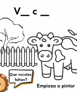 Una página para colorear en blanco y negro muestra una vaca, un árbol y una cerca. La palabra 