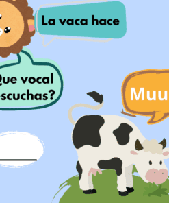 Un león de dibujos animados pregunta: “La vaca hace”, un globo de diálogo dice “¡Muuu!” junto a una vaca, y otro globo pregunta: “¿Qué vocal escuchas?” con un espacio en blanco debajo para una respuesta.