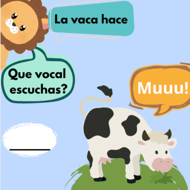 Un león de dibujos animados pregunta: “La vaca hace”, un globo de diálogo dice “¡Muuu!” junto a una vaca, y otro globo pregunta: “¿Qué vocal escuchas?” con un espacio en blanco debajo para una respuesta.
