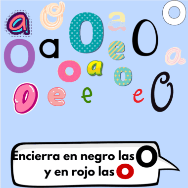 Las letras "a" y "o" de colores y estilos diferentes se encuentran dispersas sobre un fondo azul. Un globo de diálogo en la parte inferior dice: "Encierra en negro las o y en rojo las a", con las letras "o" y "a" delineadas en negro y rojo como ejemplos.