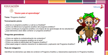 Diapositiva titulada "Guión para el aprendizaje" con preguntas sobre el "Programa Analítico". A la derecha, una ilustración muestra a una mujer con un lazo verde y cuatro niños, algunos con sombreros de animales, sentados y hablando.