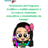 Niña de dibujos animados con grandes ojos, que sostiene un lápiz rosa, sonríe y lleva un gran lazo rosa. Sobre ella, un texto verde reza: "Evaluación del Programa Analítico y análisis respecto a los nuevos materiales educativos y modalidades de trabajo.