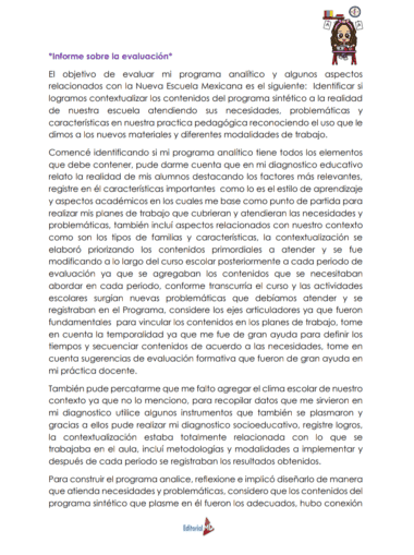 Página titulada "Informe sobre la evaluación" en español, con un texto sobre la evaluación de un programa analítico en el contexto de la Nueva Escuela Mexicana. En la parte inferior aparece el logotipo de la Editorial MD, y en la parte superior hay imágenes de libros y un lápiz.
